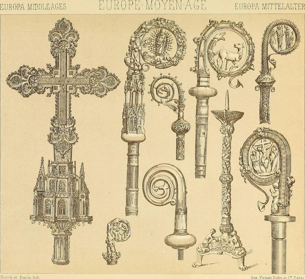 An illustration from Le costume historique. Cinq cents planches, trois cents en couleurs, or et argent, deux cents en camaieu. Types principaux du vêtement et de la parure, rapprochés de ceux de l'intérieur de l'habitation dans tous les temps et chez tous les peuples, avec de nombreux détails sur le mobilier, les armes, les objets usuels, les moyens de transport, etc, 1888, leaf 474