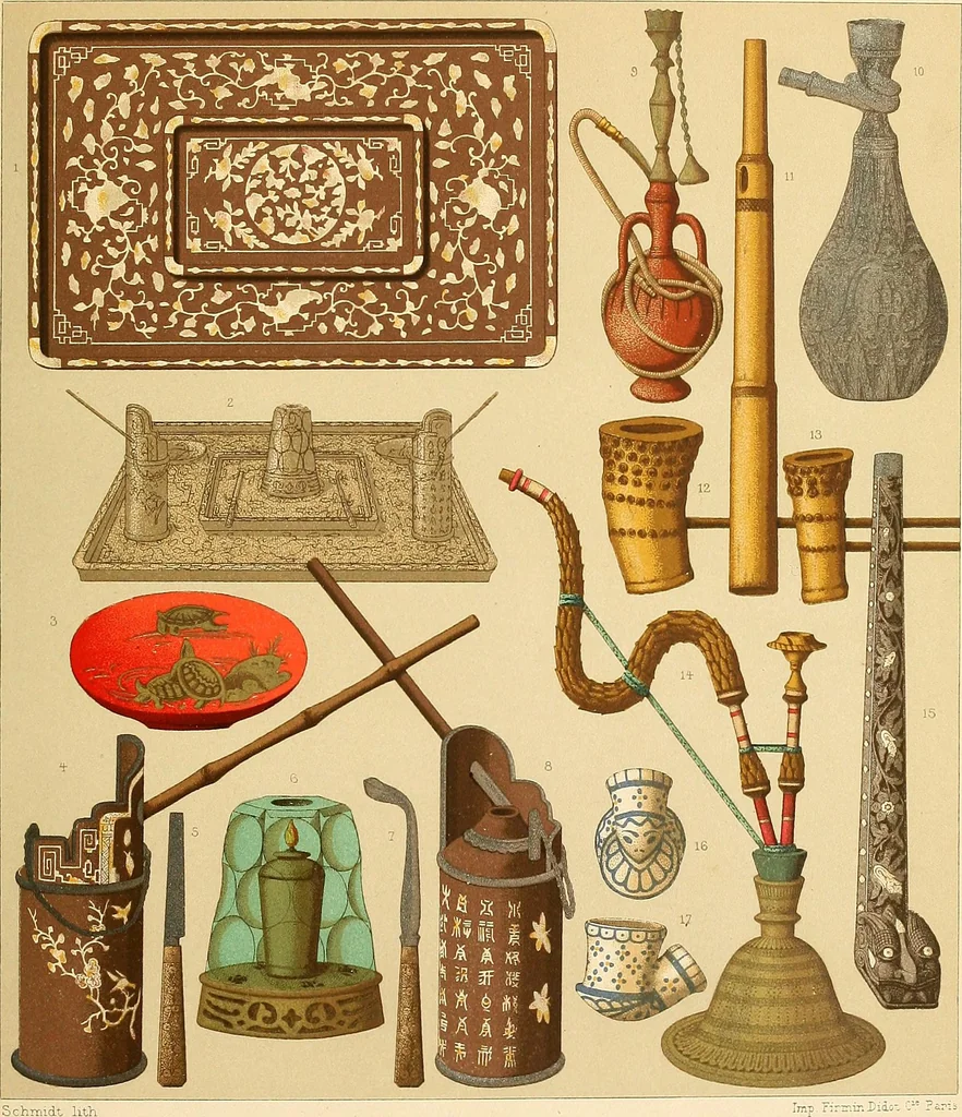 An illustration from Le costume historique. Cinq cents planches, trois cents en couleurs, or et argent, deux cents en camaieu. Types principaux du vêtement et de la parure, rapprochés de ceux de l'intérieur de l'habitation dans tous les temps et chez tous les peuples, avec de nombreux détails sur le mobilier, les armes, les objets usuels, les moyens de transport, etc, 1888, leaf 48