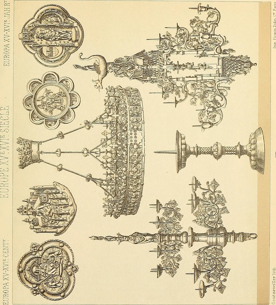 An illustration from Le costume historique. Cinq cents planches, trois cents en couleurs, or et argent, deux cents en camaieu. Types principaux du vêtement et de la parure, rapprochés de ceux de l'intérieur de l'habitation dans tous les temps et chez tous les peuples, avec de nombreux détails sur le mobilier, les armes, les objets usuels, les moyens de transport, etc, 1888, leaf 482