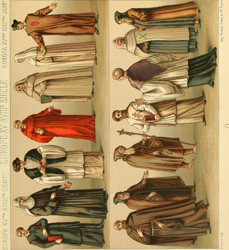 An illustration from Le costume historique. Cinq cents planches, trois cents en couleurs, or et argent, deux cents en camaieu. Types principaux du vêtement et de la parure, rapprochés de ceux de l'intérieur de l'habitation dans tous les temps et chez tous les peuples, avec de nombreux détails sur le mobilier, les armes, les objets usuels, les moyens de transport, etc, 1888, leaf 486