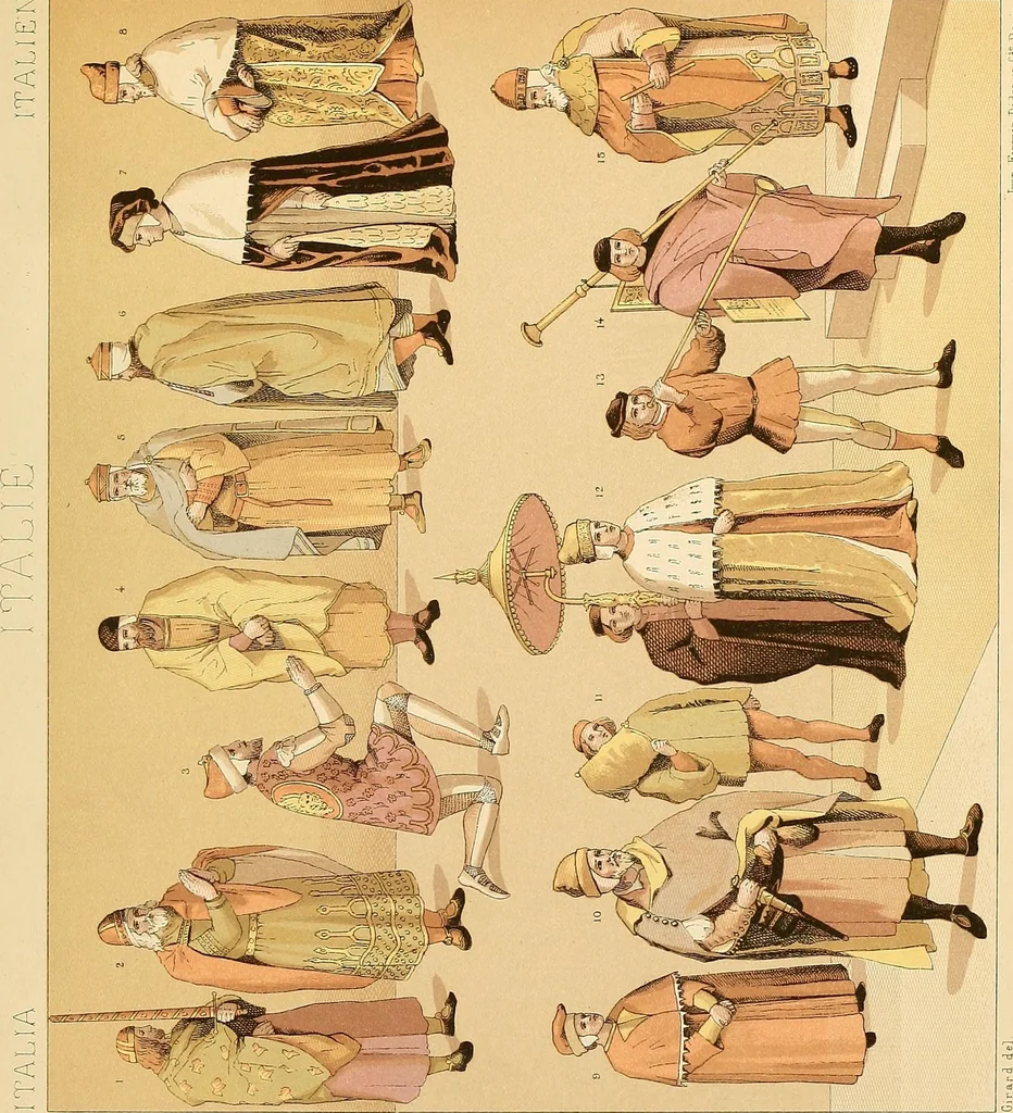An illustration from Le costume historique. Cinq cents planches, trois cents en couleurs, or et argent, deux cents en camaieu. Types principaux du vêtement et de la parure, rapprochés de ceux de l'intérieur de l'habitation dans tous les temps et chez tous les peuples, avec de nombreux détails sur le mobilier, les armes, les objets usuels, les moyens de transport, etc, 1888, leaf 490