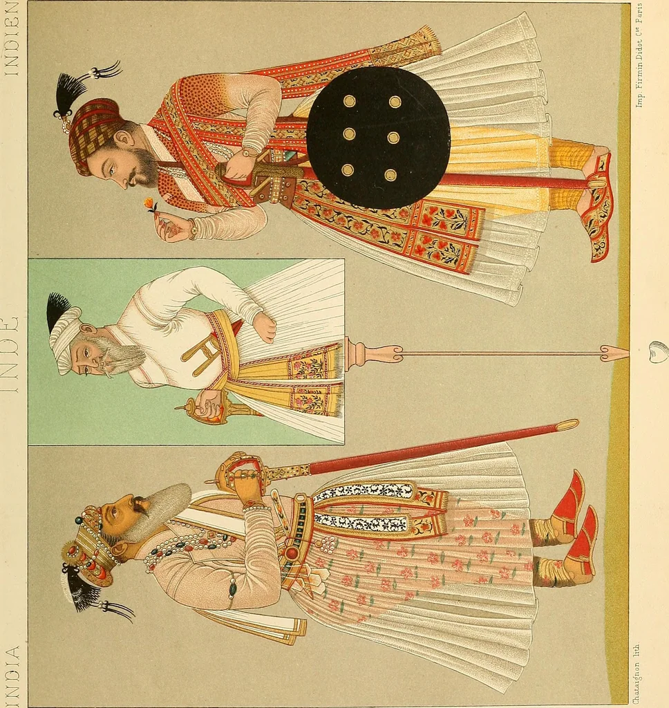An illustration from Le costume historique. Cinq cents planches, trois cents en couleurs, or et argent, deux cents en camaieu. Types principaux du vêtement et de la parure, rapprochés de ceux de l'intérieur de l'habitation dans tous les temps et chez tous les peuples, avec de nombreux détails sur le mobilier, les armes, les objets usuels, les moyens de transport, etc, 1888, leaf 52