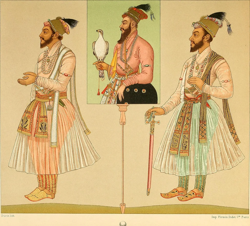 An illustration from Le costume historique. Cinq cents planches, trois cents en couleurs, or et argent, deux cents en camaieu. Types principaux du vêtement et de la parure, rapprochés de ceux de l'intérieur de l'habitation dans tous les temps et chez tous les peuples, avec de nombreux détails sur le mobilier, les armes, les objets usuels, les moyens de transport, etc, 1888, leaf 58