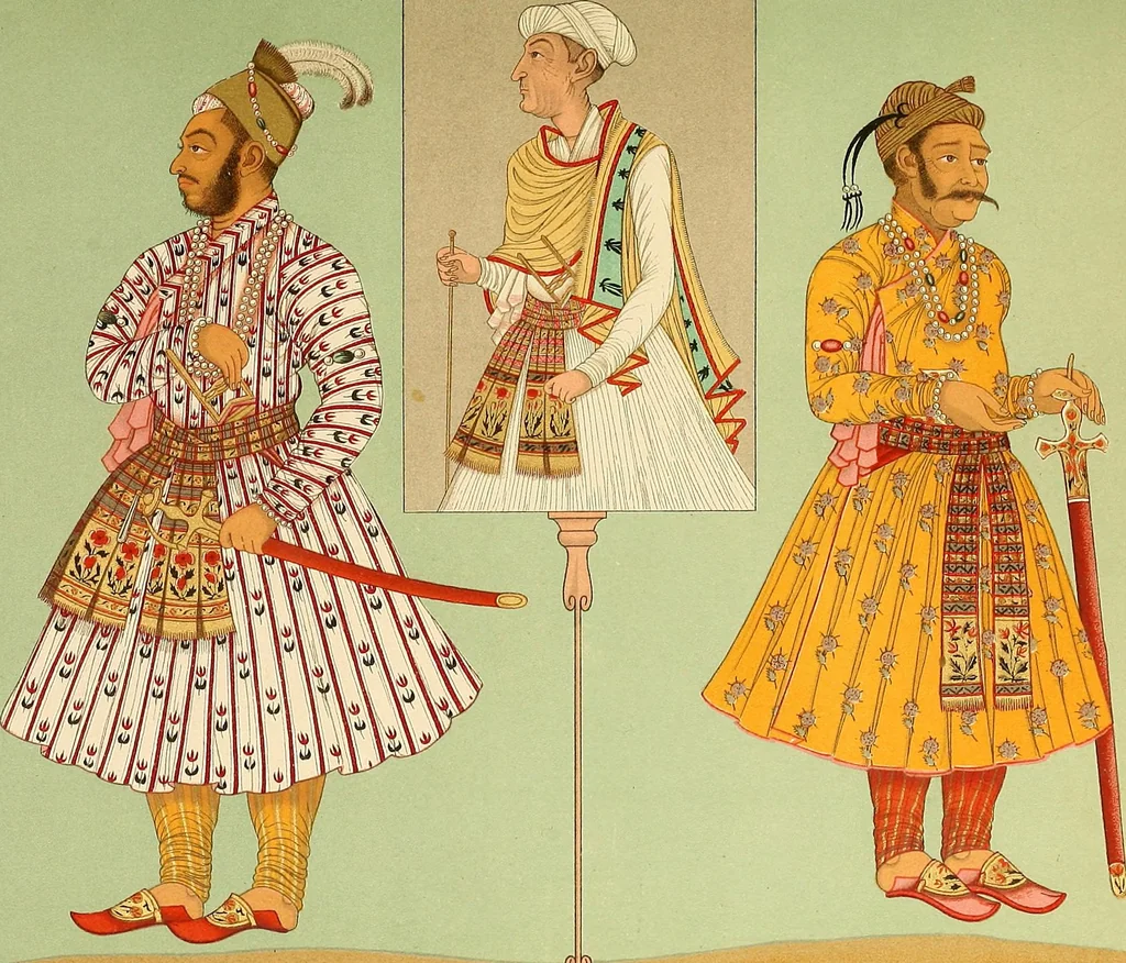 An illustration from Le costume historique. Cinq cents planches, trois cents en couleurs, or et argent, deux cents en camaieu. Types principaux du vêtement et de la parure, rapprochés de ceux de l'intérieur de l'habitation dans tous les temps et chez tous les peuples, avec de nombreux détails sur le mobilier, les armes, les objets usuels, les moyens de transport, etc, 1888, leaf 62