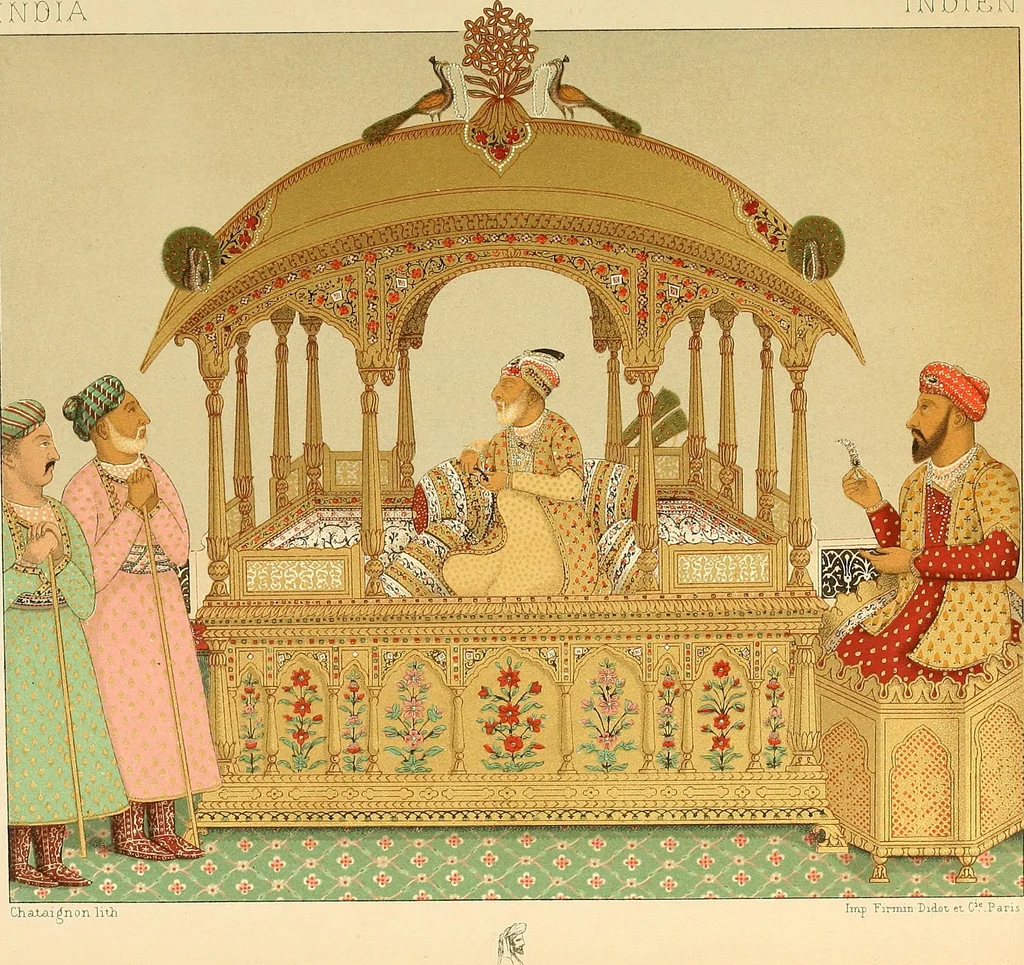 An illustration from Le costume historique. Cinq cents planches, trois cents en couleurs, or et argent, deux cents en camaieu. Types principaux du vêtement et de la parure, rapprochés de ceux de l'intérieur de l'habitation dans tous les temps et chez tous les peuples, avec de nombreux détails sur le mobilier, les armes, les objets usuels, les moyens de transport, etc, 1888, leaf 76