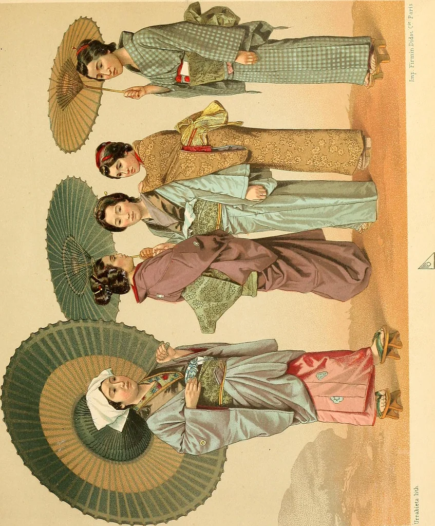 An illustration from Le costume historique. Cinq cents planches, trois cents en couleurs, or et argent, deux cents en camaieu. Types principaux du vêtement et de la parure, rapprochés de ceux de l'intérieur de l'habitation dans tous les temps et chez tous les peuples, avec de nombreux détails sur le mobilier, les armes, les objets usuels, les moyens de transport, etc, 1888, leaf 8