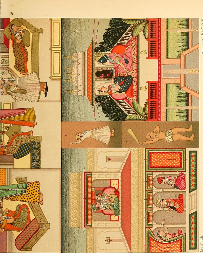 An illustration from Le costume historique. Cinq cents planches, trois cents en couleurs, or et argent, deux cents en camaieu. Types principaux du vêtement et de la parure, rapprochés de ceux de l'intérieur de l'habitation dans tous les temps et chez tous les peuples, avec de nombreux détails sur le mobilier, les armes, les objets usuels, les moyens de transport, etc, 1888, leaf 86