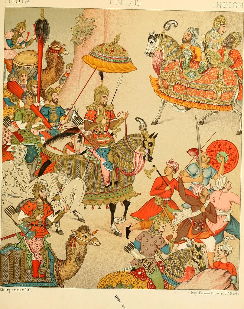 An illustration from Le costume historique. Cinq cents planches, trois cents en couleurs, or et argent, deux cents en camaieu. Types principaux du vêtement et de la parure, rapprochés de ceux de l'intérieur de l'habitation dans tous les temps et chez tous les peuples, avec de nombreux détails sur le mobilier, les armes, les objets usuels, les moyens de transport, etc, 1888, leaf 94