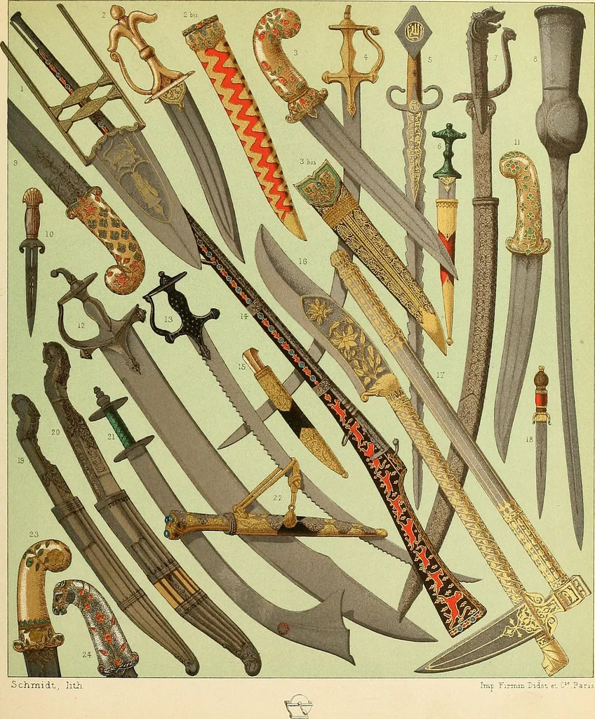 An illustration from Le costume historique. Cinq cents planches, trois cents en couleurs, or et argent, deux cents en camaieu. Types principaux du vêtement et de la parure, rapprochés de ceux de l'intérieur de l'habitation dans tous les temps et chez tous les peuples, avec de nombreux détails sur le mobilier, les armes, les objets usuels, les moyens de transport, etc, 1888, leaf 98