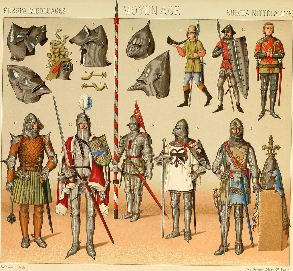 An illustration from Le costume historique. Cinq cents planches, trois cents en couleurs, or et argent, deux cents en camaieu. Types principaux du vêtement et de la parure, rapprochés de ceux de l'intérieur de l'habitation dans tous les temps et chez tous les peuples, avec de nombreux détails sur le mobilier, les armes, les objets usuels, les moyens de transport, etc, 1888, leaf 104