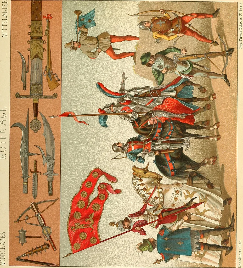 An illustration from Le costume historique. Cinq cents planches, trois cents en couleurs, or et argent, deux cents en camaieu. Types principaux du vêtement et de la parure, rapprochés de ceux de l'intérieur de l'habitation dans tous les temps et chez tous les peuples, avec de nombreux détails sur le mobilier, les armes, les objets usuels, les moyens de transport, etc, 1888, leaf 114