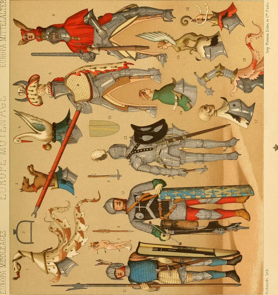 An illustration from Le costume historique. Cinq cents planches, trois cents en couleurs, or et argent, deux cents en camaieu. Types principaux du vêtement et de la parure, rapprochés de ceux de l'intérieur de l'habitation dans tous les temps et chez tous les peuples, avec de nombreux détails sur le mobilier, les armes, les objets usuels, les moyens de transport, etc, 1888, leaf 120