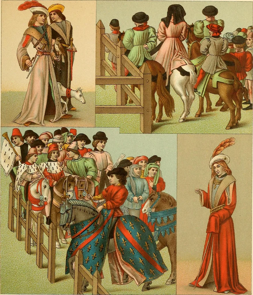 An illustration from Le costume historique. Cinq cents planches, trois cents en couleurs, or et argent, deux cents en camaieu. Types principaux du vêtement et de la parure, rapprochés de ceux de l'intérieur de l'habitation dans tous les temps et chez tous les peuples, avec de nombreux détails sur le mobilier, les armes, les objets usuels, les moyens de transport, etc, 1888, leaf 140