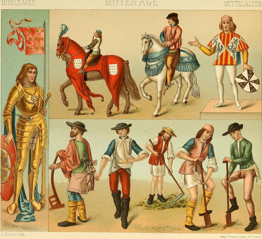 An illustration from Le costume historique. Cinq cents planches, trois cents en couleurs, or et argent, deux cents en camaieu. Types principaux du vêtement et de la parure, rapprochés de ceux de l'intérieur de l'habitation dans tous les temps et chez tous les peuples, avec de nombreux détails sur le mobilier, les armes, les objets usuels, les moyens de transport, etc, 1888, leaf 144