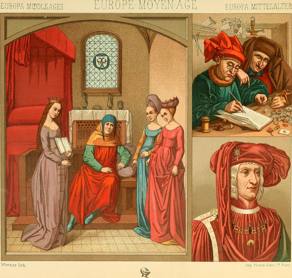 An illustration from Le costume historique. Cinq cents planches, trois cents en couleurs, or et argent, deux cents en camaieu. Types principaux du vêtement et de la parure, rapprochés de ceux de l'intérieur de l'habitation dans tous les temps et chez tous les peuples, avec de nombreux détails sur le mobilier, les armes, les objets usuels, les moyens de transport, etc, 1888, leaf 150