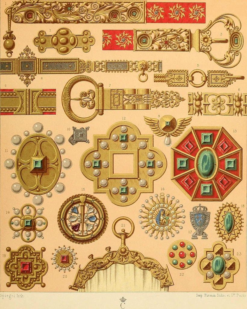 An illustration from Le costume historique. Cinq cents planches, trois cents en couleurs, or et argent, deux cents en camaieu. Types principaux du vêtement et de la parure, rapprochés de ceux de l'intérieur de l'habitation dans tous les temps et chez tous les peuples, avec de nombreux détails sur le mobilier, les armes, les objets usuels, les moyens de transport, etc, 1888, leaf 154