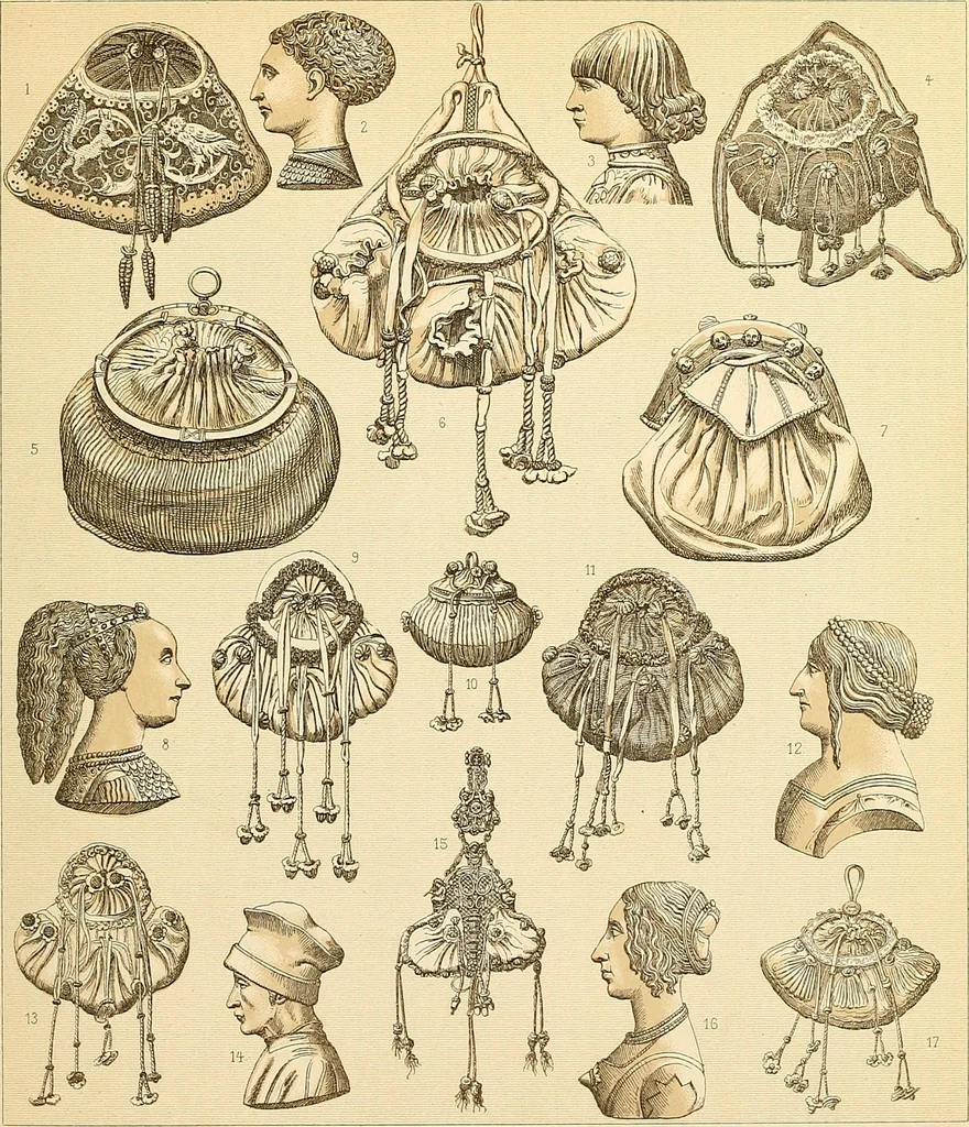 An illustration from Le costume historique. Cinq cents planches, trois cents en couleurs, or et argent, deux cents en camaieu. Types principaux du vêtement et de la parure, rapprochés de ceux de l'intérieur de l'habitation dans tous les temps et chez tous les peuples, avec de nombreux détails sur le mobilier, les armes, les objets usuels, les moyens de transport, etc, 1888, leaf 164