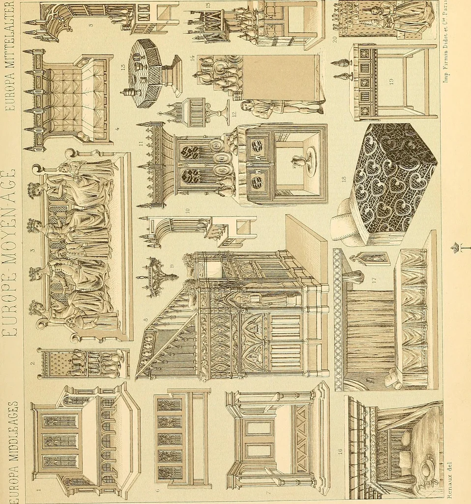 An illustration from Le costume historique. Cinq cents planches, trois cents en couleurs, or et argent, deux cents en camaieu. Types principaux du vêtement et de la parure, rapprochés de ceux de l'intérieur de l'habitation dans tous les temps et chez tous les peuples, avec de nombreux détails sur le mobilier, les armes, les objets usuels, les moyens de transport, etc, 1888, leaf 168