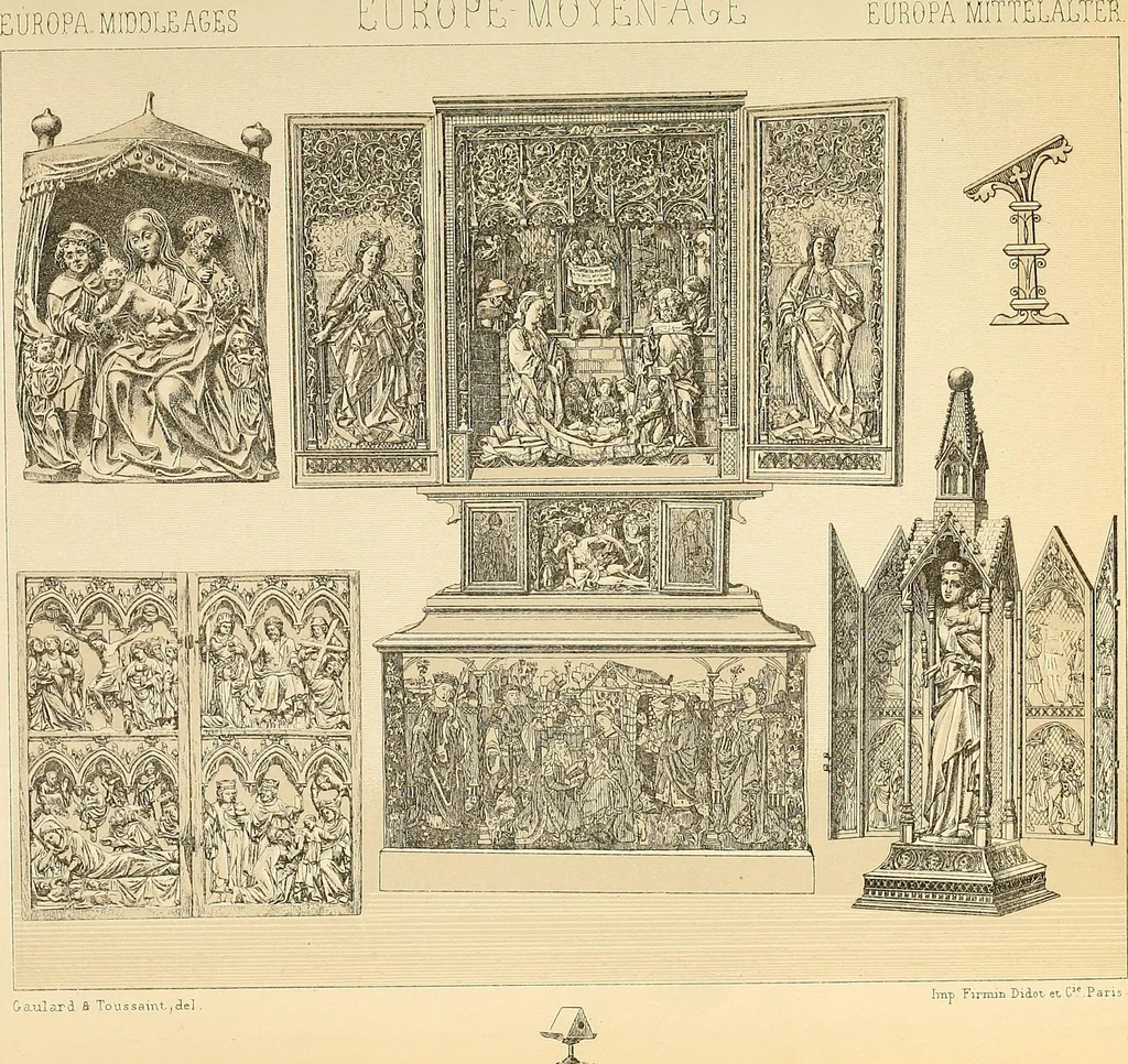 An illustration from Le costume historique. Cinq cents planches, trois cents en couleurs, or et argent, deux cents en camaieu. Types principaux du vêtement et de la parure, rapprochés de ceux de l'intérieur de l'habitation dans tous les temps et chez tous les peuples, avec de nombreux détails sur le mobilier, les armes, les objets usuels, les moyens de transport, etc, 1888, leaf 172