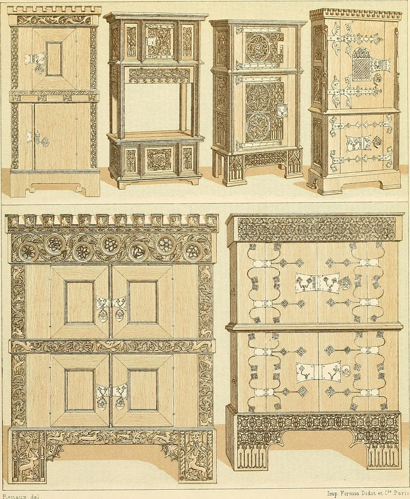 An illustration from Le costume historique. Cinq cents planches, trois cents en couleurs, or et argent, deux cents en camaieu. Types principaux du vêtement et de la parure, rapprochés de ceux de l'intérieur de l'habitation dans tous les temps et chez tous les peuples, avec de nombreux détails sur le mobilier, les armes, les objets usuels, les moyens de transport, etc, 1888, leaf 176