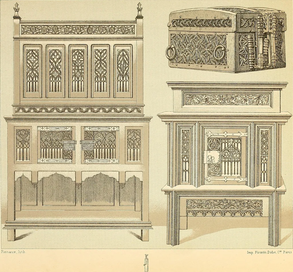 An illustration from Le costume historique. Cinq cents planches, trois cents en couleurs, or et argent, deux cents en camaieu. Types principaux du vêtement et de la parure, rapprochés de ceux de l'intérieur de l'habitation dans tous les temps et chez tous les peuples, avec de nombreux détails sur le mobilier, les armes, les objets usuels, les moyens de transport, etc, 1888, leaf 180