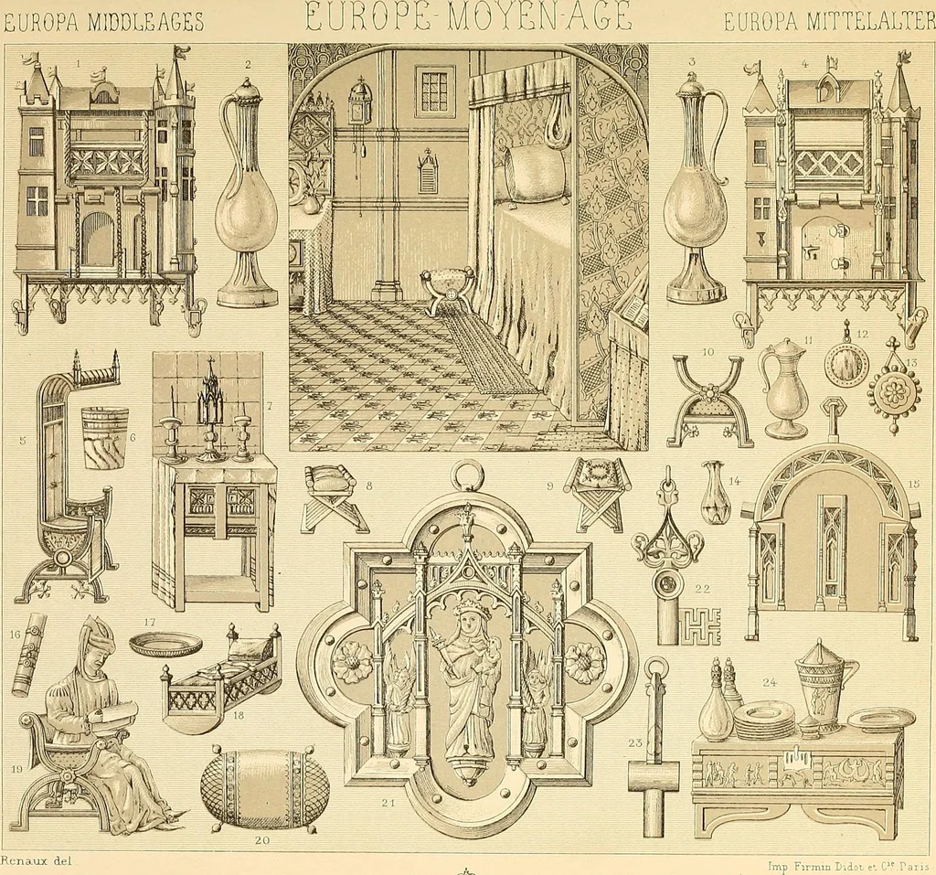 An illustration from Le costume historique. Cinq cents planches, trois cents en couleurs, or et argent, deux cents en camaieu. Types principaux du vêtement et de la parure, rapprochés de ceux de l'intérieur de l'habitation dans tous les temps et chez tous les peuples, avec de nombreux détails sur le mobilier, les armes, les objets usuels, les moyens de transport, etc, 1888, leaf 186