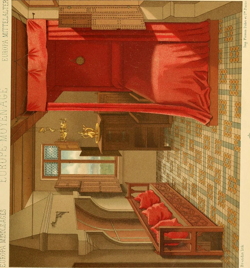 An illustration from Le costume historique. Cinq cents planches, trois cents en couleurs, or et argent, deux cents en camaieu. Types principaux du vêtement et de la parure, rapprochés de ceux de l'intérieur de l'habitation dans tous les temps et chez tous les peuples, avec de nombreux détails sur le mobilier, les armes, les objets usuels, les moyens de transport, etc, 1888, leaf 192
