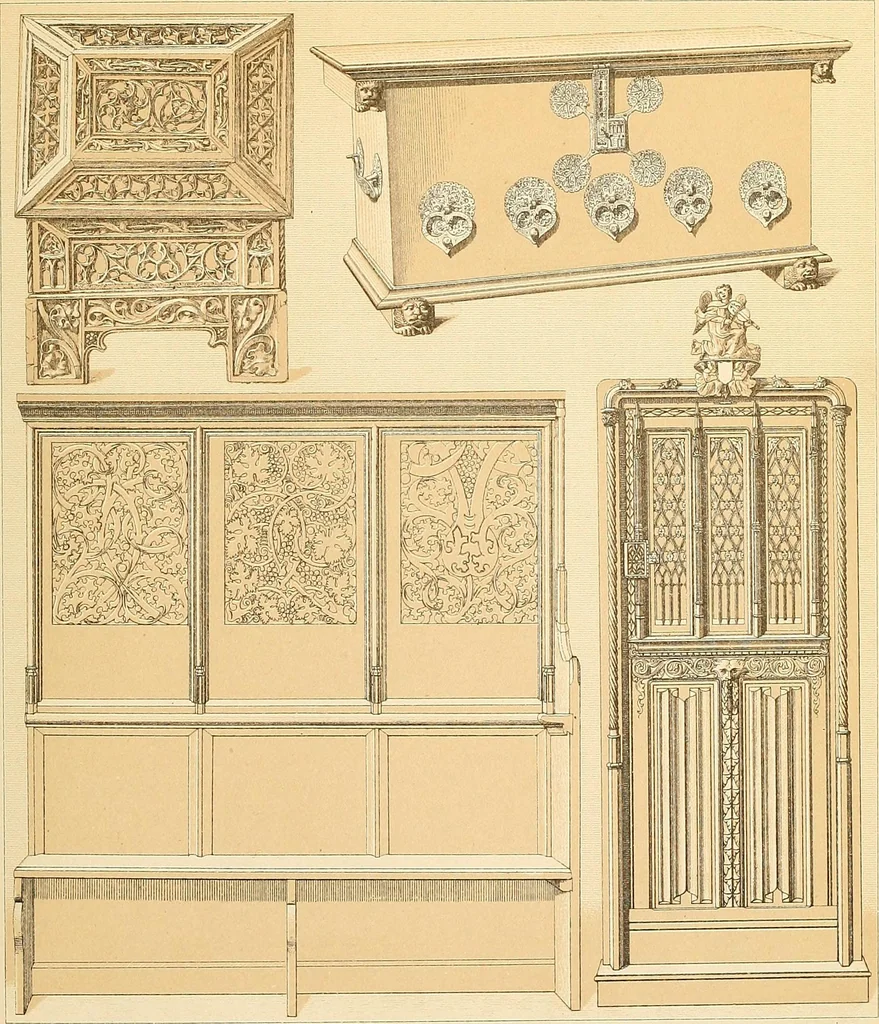 An illustration from Le costume historique. Cinq cents planches, trois cents en couleurs, or et argent, deux cents en camaieu. Types principaux du vêtement et de la parure, rapprochés de ceux de l'intérieur de l'habitation dans tous les temps et chez tous les peuples, avec de nombreux détails sur le mobilier, les armes, les objets usuels, les moyens de transport, etc, 1888, leaf 196