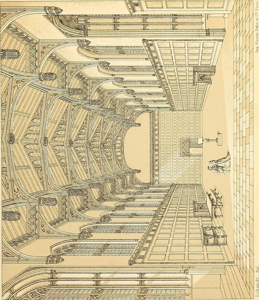 An illustration from Le costume historique. Cinq cents planches, trois cents en couleurs, or et argent, deux cents en camaieu. Types principaux du vêtement et de la parure, rapprochés de ceux de l'intérieur de l'habitation dans tous les temps et chez tous les peuples, avec de nombreux détails sur le mobilier, les armes, les objets usuels, les moyens de transport, etc, 1888, leaf 200