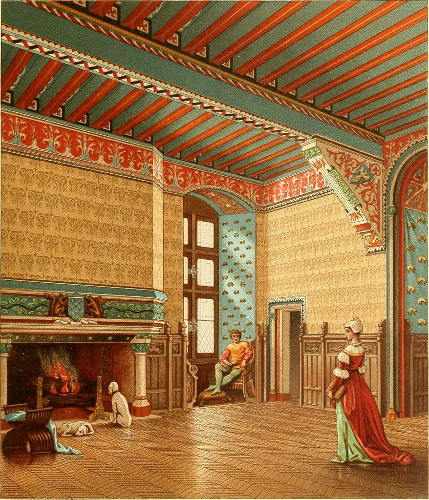 An illustration from Le costume historique. Cinq cents planches, trois cents en couleurs, or et argent, deux cents en camaieu. Types principaux du vêtement et de la parure, rapprochés de ceux de l'intérieur de l'habitation dans tous les temps et chez tous les peuples, avec de nombreux détails sur le mobilier, les armes, les objets usuels, les moyens de transport, etc, 1888, leaf 204
