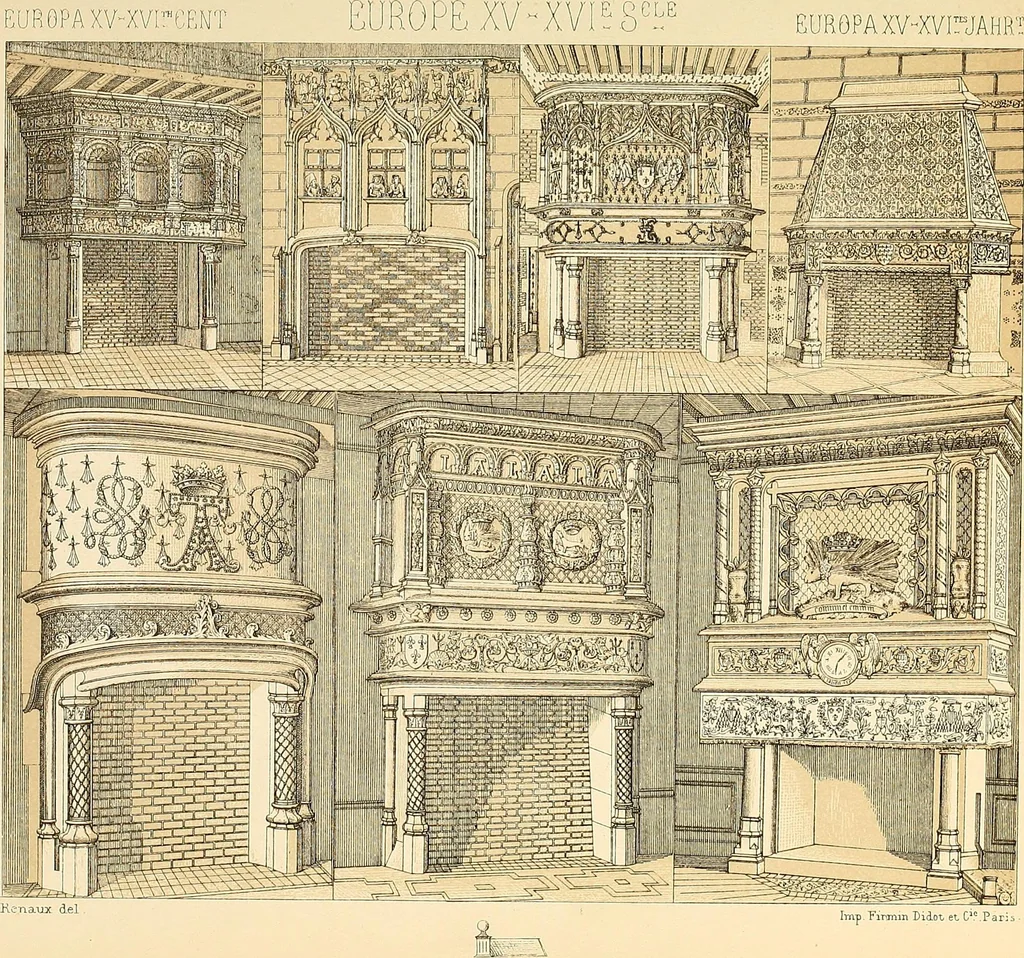 An illustration from Le costume historique. Cinq cents planches, trois cents en couleurs, or et argent, deux cents en camaieu. Types principaux du vêtement et de la parure, rapprochés de ceux de l'intérieur de l'habitation dans tous les temps et chez tous les peuples, avec de nombreux détails sur le mobilier, les armes, les objets usuels, les moyens de transport, etc, 1888, leaf 210