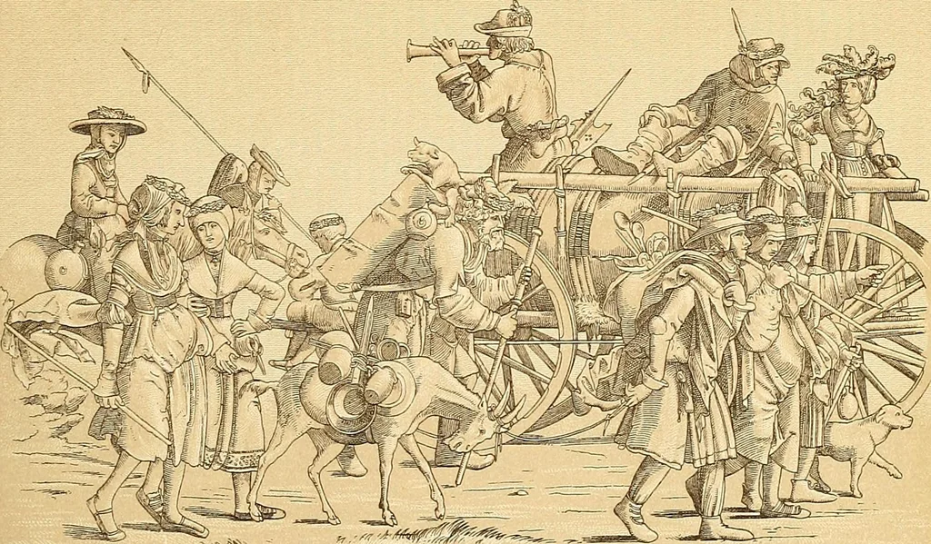 An illustration from Le costume historique. Cinq cents planches, trois cents en couleurs, or et argent, deux cents en camaieu. Types principaux du vêtement et de la parure, rapprochés de ceux de l'intérieur de l'habitation dans tous les temps et chez tous les peuples, avec de nombreux détails sur le mobilier, les armes, les objets usuels, les moyens de transport, etc, 1888, leaf 214