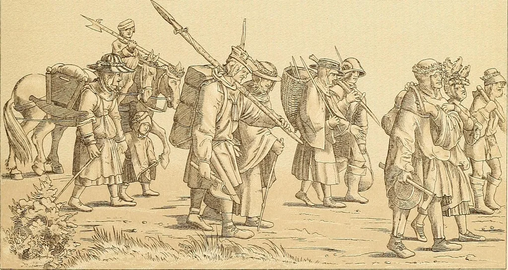 An illustration from Le costume historique. Cinq cents planches, trois cents en couleurs, or et argent, deux cents en camaieu. Types principaux du vêtement et de la parure, rapprochés de ceux de l'intérieur de l'habitation dans tous les temps et chez tous les peuples, avec de nombreux détails sur le mobilier, les armes, les objets usuels, les moyens de transport, etc, 1888, leaf 214