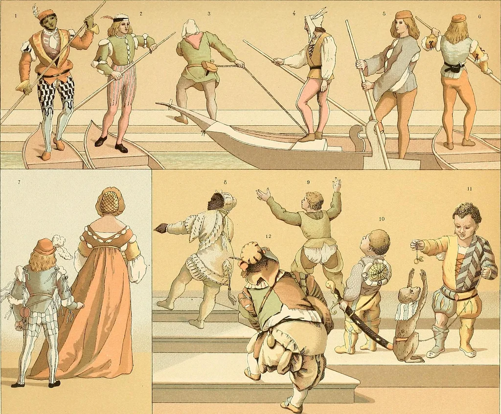 An illustration from Le costume historique. Cinq cents planches, trois cents en couleurs, or et argent, deux cents en camaieu. Types principaux du vêtement et de la parure, rapprochés de ceux de l'intérieur de l'habitation dans tous les temps et chez tous les peuples, avec de nombreux détails sur le mobilier, les armes, les objets usuels, les moyens de transport, etc, 1888, leaf 224