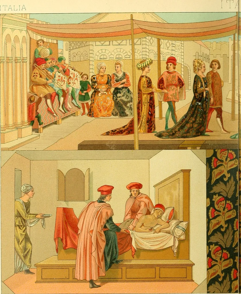 An illustration from Le costume historique. Cinq cents planches, trois cents en couleurs, or et argent, deux cents en camaieu. Types principaux du vêtement et de la parure, rapprochés de ceux de l'intérieur de l'habitation dans tous les temps et chez tous les peuples, avec de nombreux détails sur le mobilier, les armes, les objets usuels, les moyens de transport, etc, 1888, leaf 237