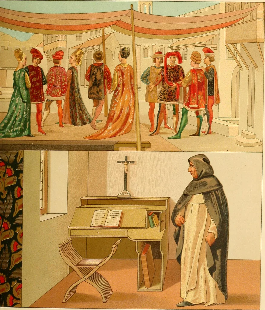 An illustration from Le costume historique. Cinq cents planches, trois cents en couleurs, or et argent, deux cents en camaieu. Types principaux du vêtement et de la parure, rapprochés de ceux de l'intérieur de l'habitation dans tous les temps et chez tous les peuples, avec de nombreux détails sur le mobilier, les armes, les objets usuels, les moyens de transport, etc, 1888, leaf 238