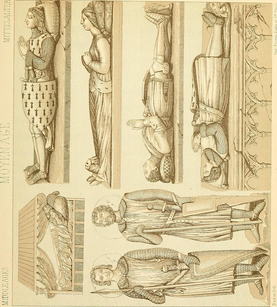 An illustration from Le costume historique. Cinq cents planches, trois cents en couleurs, or et argent, deux cents en camaieu. Types principaux du vêtement et de la parure, rapprochés de ceux de l'intérieur de l'habitation dans tous les temps et chez tous les peuples, avec de nombreux détails sur le mobilier, les armes, les objets usuels, les moyens de transport, etc, 1888, leaf 24