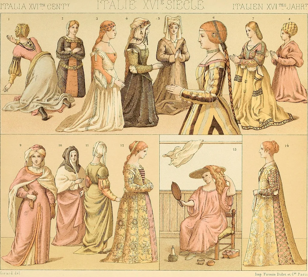 An illustration from Le costume historique. Cinq cents planches, trois cents en couleurs, or et argent, deux cents en camaieu. Types principaux du vêtement et de la parure, rapprochés de ceux de l'intérieur de l'habitation dans tous les temps et chez tous les peuples, avec de nombreux détails sur le mobilier, les armes, les objets usuels, les moyens de transport, etc, 1888, leaf 244