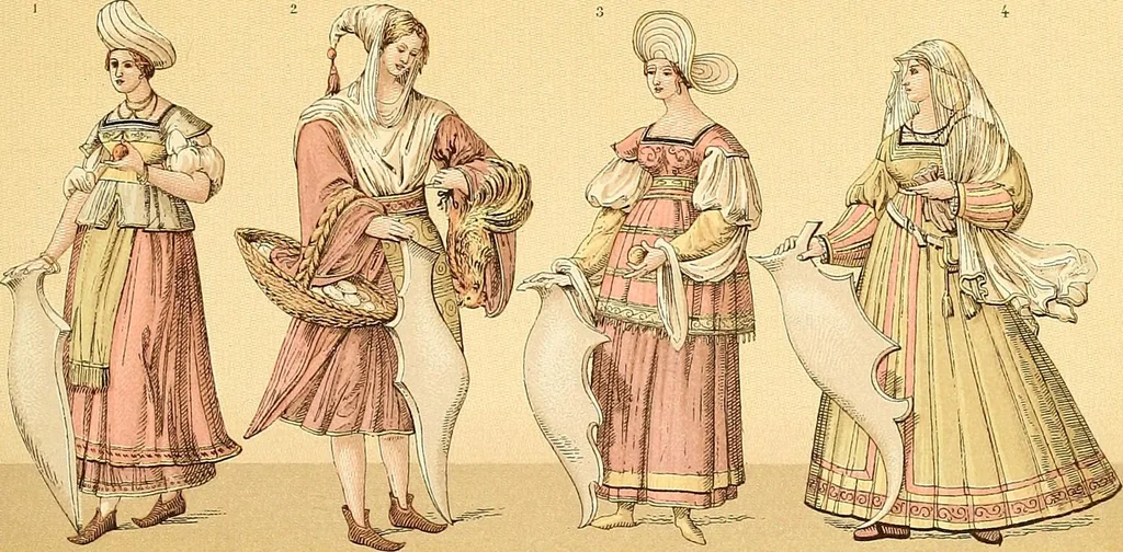 An illustration from Le costume historique. Cinq cents planches, trois cents en couleurs, or et argent, deux cents en camaieu. Types principaux du vêtement et de la parure, rapprochés de ceux de l'intérieur de l'habitation dans tous les temps et chez tous les peuples, avec de nombreux détails sur le mobilier, les armes, les objets usuels, les moyens de transport, etc, 1888, leaf 250