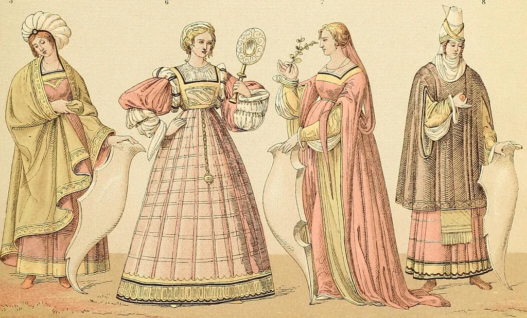 An illustration from Le costume historique. Cinq cents planches, trois cents en couleurs, or et argent, deux cents en camaieu. Types principaux du vêtement et de la parure, rapprochés de ceux de l'intérieur de l'habitation dans tous les temps et chez tous les peuples, avec de nombreux détails sur le mobilier, les armes, les objets usuels, les moyens de transport, etc, 1888, leaf 250