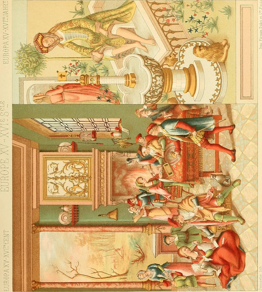 An illustration from Le costume historique. Cinq cents planches, trois cents en couleurs, or et argent, deux cents en camaieu. Types principaux du vêtement et de la parure, rapprochés de ceux de l'intérieur de l'habitation dans tous les temps et chez tous les peuples, avec de nombreux détails sur le mobilier, les armes, les objets usuels, les moyens de transport, etc, 1888, leaf 256