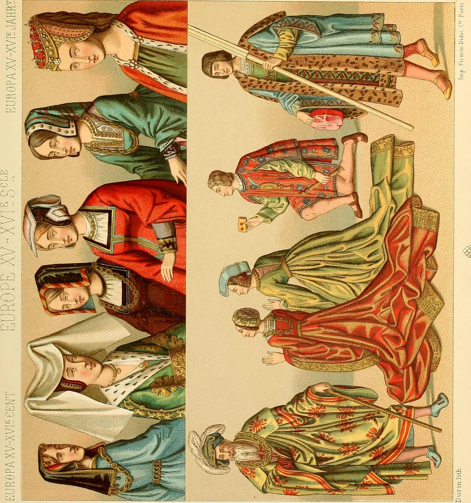 An illustration from Le costume historique. Cinq cents planches, trois cents en couleurs, or et argent, deux cents en camaieu. Types principaux du vêtement et de la parure, rapprochés de ceux de l'intérieur de l'habitation dans tous les temps et chez tous les peuples, avec de nombreux détails sur le mobilier, les armes, les objets usuels, les moyens de transport, etc, 1888, leaf 262