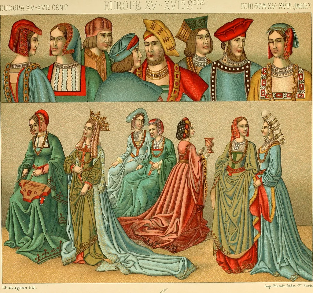 An illustration from Le costume historique. Cinq cents planches, trois cents en couleurs, or et argent, deux cents en camaieu. Types principaux du vêtement et de la parure, rapprochés de ceux de l'intérieur de l'habitation dans tous les temps et chez tous les peuples, avec de nombreux détails sur le mobilier, les armes, les objets usuels, les moyens de transport, etc, 1888, leaf 270
