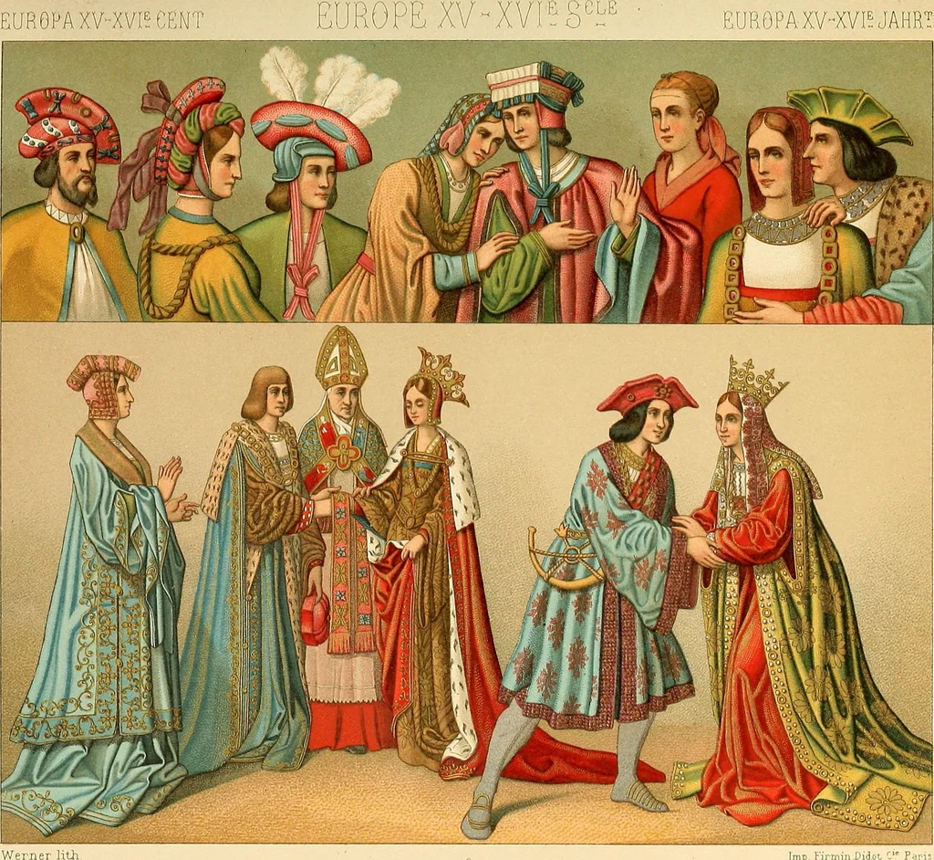 An illustration from Le costume historique. Cinq cents planches, trois cents en couleurs, or et argent, deux cents en camaieu. Types principaux du vêtement et de la parure, rapprochés de ceux de l'intérieur de l'habitation dans tous les temps et chez tous les peuples, avec de nombreux détails sur le mobilier, les armes, les objets usuels, les moyens de transport, etc, 1888, leaf 272