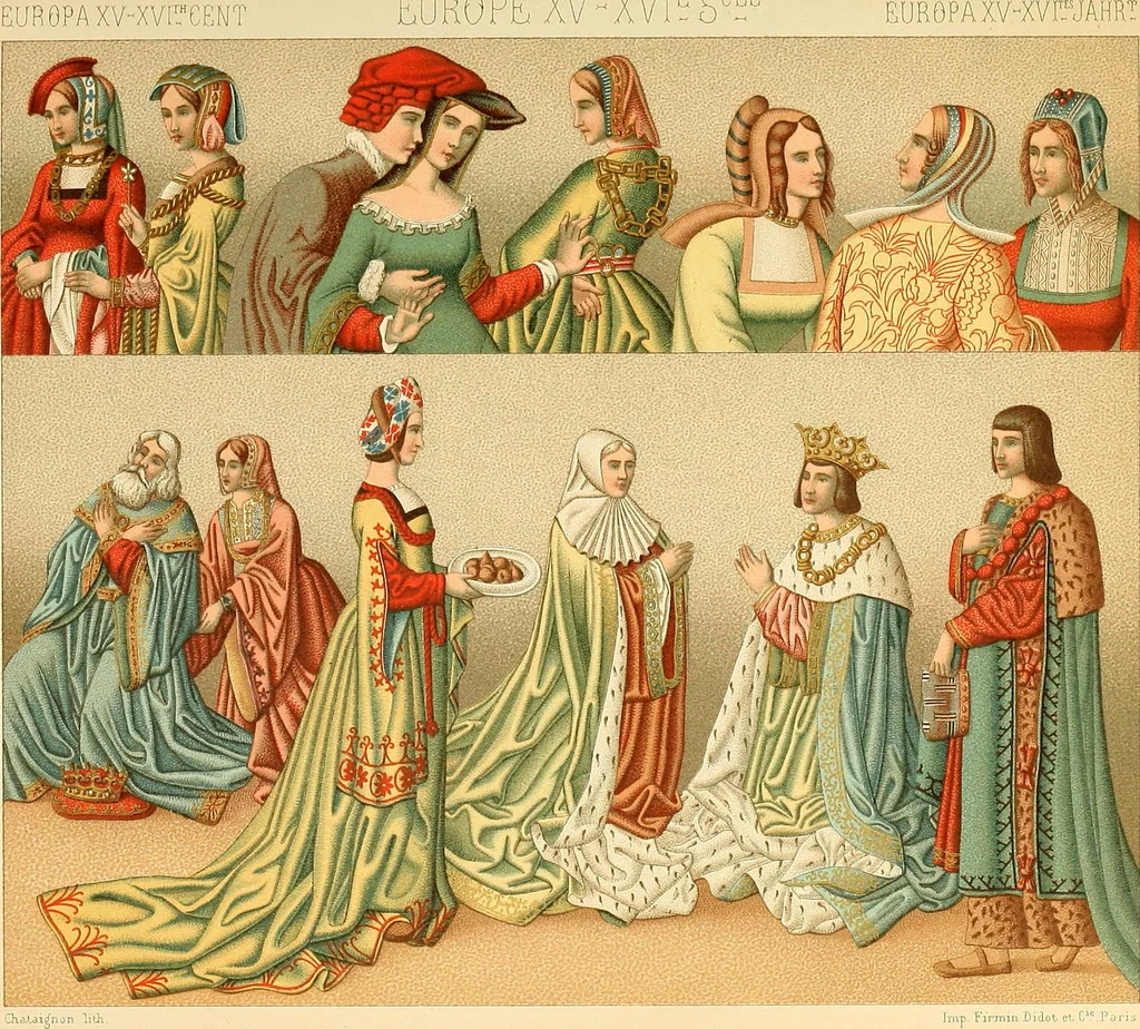 An illustration from Le costume historique. Cinq cents planches, trois cents en couleurs, or et argent, deux cents en camaieu. Types principaux du vêtement et de la parure, rapprochés de ceux de l'intérieur de l'habitation dans tous les temps et chez tous les peuples, avec de nombreux détails sur le mobilier, les armes, les objets usuels, les moyens de transport, etc, 1888, leaf 284