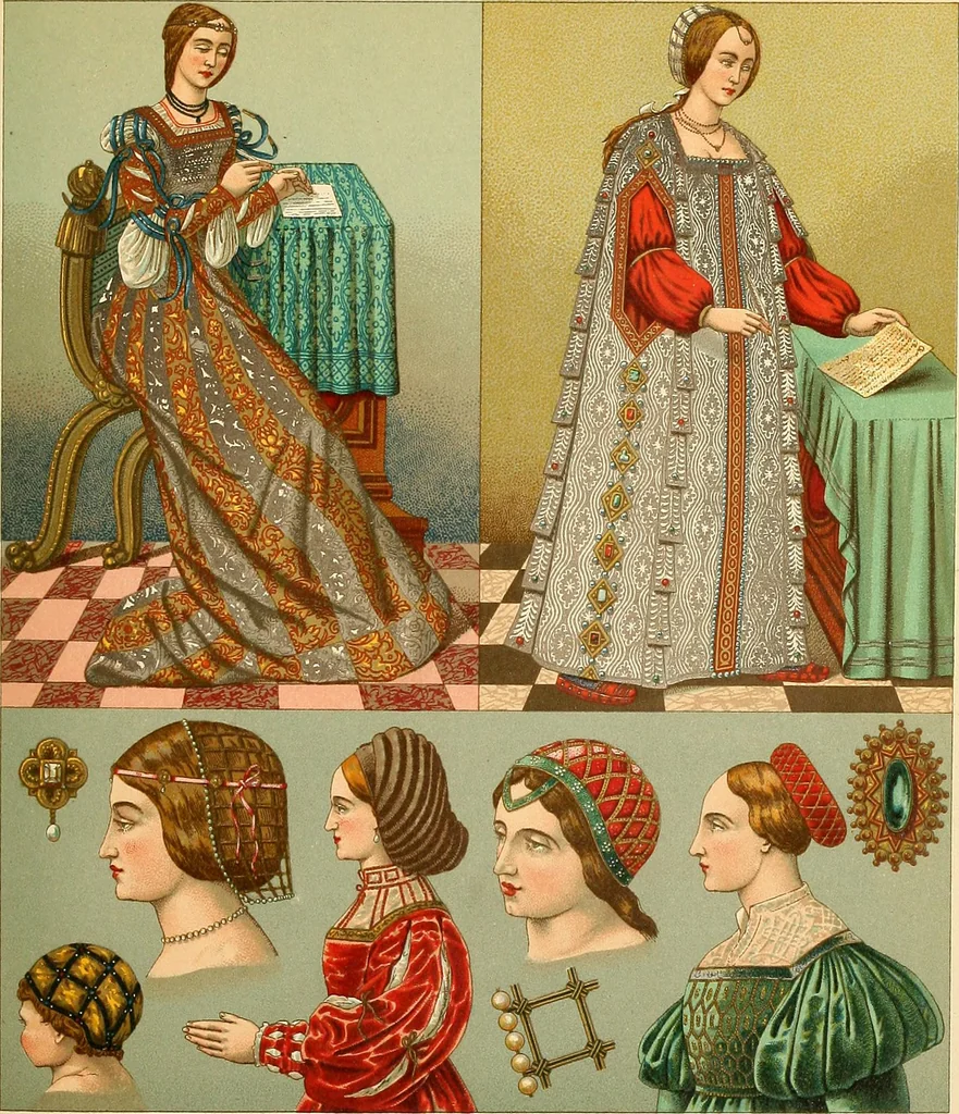 An illustration from Le costume historique. Cinq cents planches, trois cents en couleurs, or et argent, deux cents en camaieu. Types principaux du vêtement et de la parure, rapprochés de ceux de l'intérieur de l'habitation dans tous les temps et chez tous les peuples, avec de nombreux détails sur le mobilier, les armes, les objets usuels, les moyens de transport, etc, 1888, leaf 288