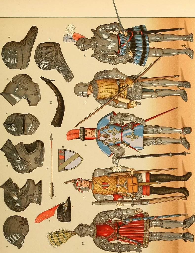 An illustration from Le costume historique. Cinq cents planches, trois cents en couleurs, or et argent, deux cents en camaieu. Types principaux du vêtement et de la parure, rapprochés de ceux de l'intérieur de l'habitation dans tous les temps et chez tous les peuples, avec de nombreux détails sur le mobilier, les armes, les objets usuels, les moyens de transport, etc, 1888, leaf 292