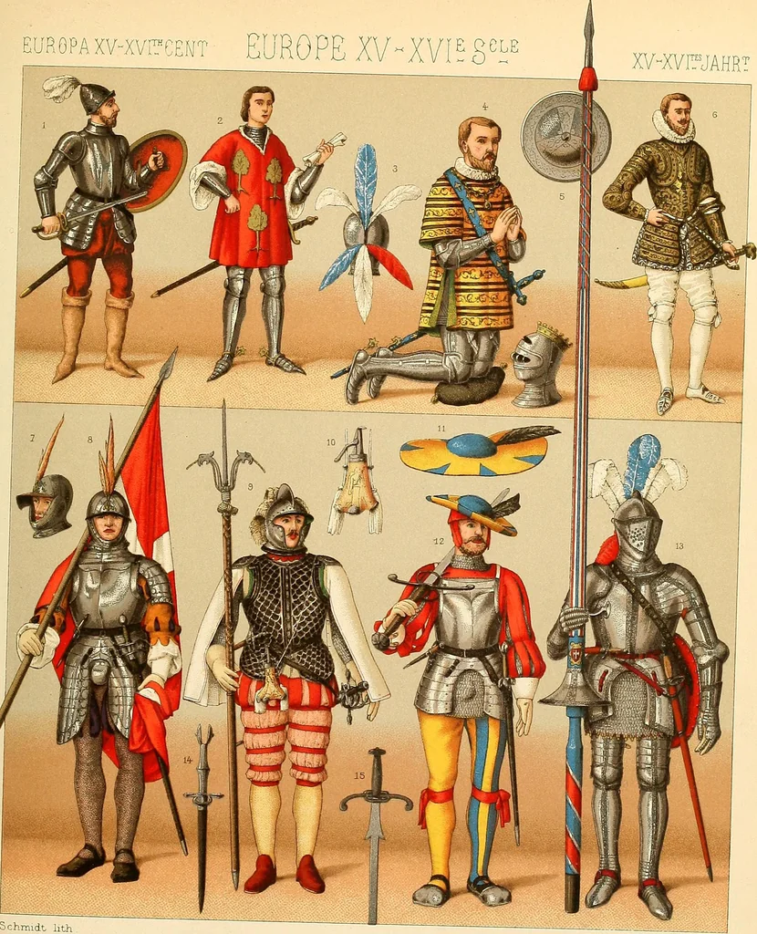 An illustration from Le costume historique. Cinq cents planches, trois cents en couleurs, or et argent, deux cents en camaieu. Types principaux du vêtement et de la parure, rapprochés de ceux de l'intérieur de l'habitation dans tous les temps et chez tous les peuples, avec de nombreux détails sur le mobilier, les armes, les objets usuels, les moyens de transport, etc, 1888, leaf 298
