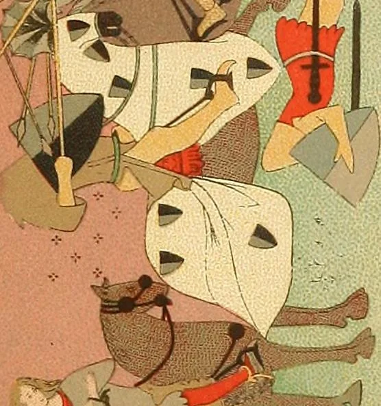 An illustration from Le costume historique. Cinq cents planches, trois cents en couleurs, or et argent, deux cents en camaieu. Types principaux du vêtement et de la parure, rapprochés de ceux de l'intérieur de l'habitation dans tous les temps et chez tous les peuples, avec de nombreux détails sur le mobilier, les armes, les objets usuels, les moyens de transport, etc, 1888, leaf 30