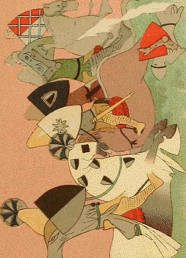 An illustration from Le costume historique. Cinq cents planches, trois cents en couleurs, or et argent, deux cents en camaieu. Types principaux du vêtement et de la parure, rapprochés de ceux de l'intérieur de l'habitation dans tous les temps et chez tous les peuples, avec de nombreux détails sur le mobilier, les armes, les objets usuels, les moyens de transport, etc, 1888, leaf 30